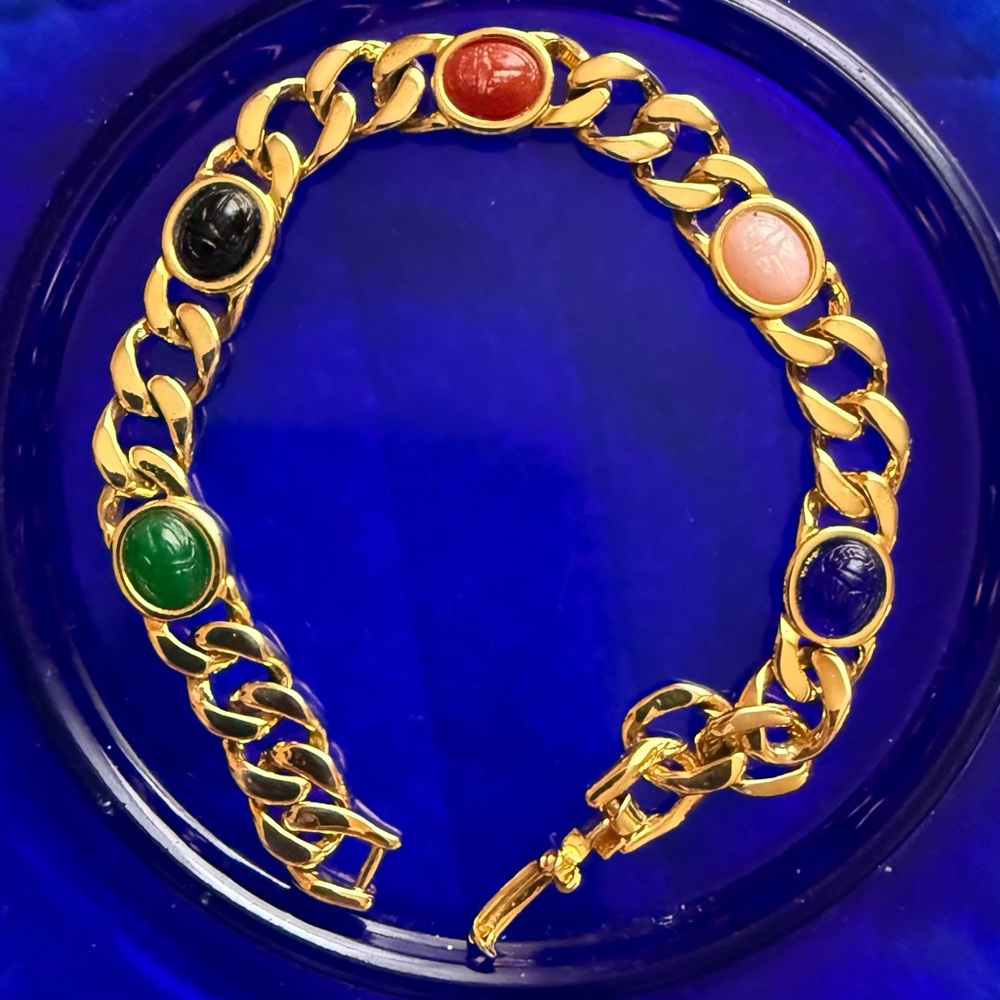 Gold-Tone Multi-Stone Scarab Link Bracelet - Green, Pink, Black, Red